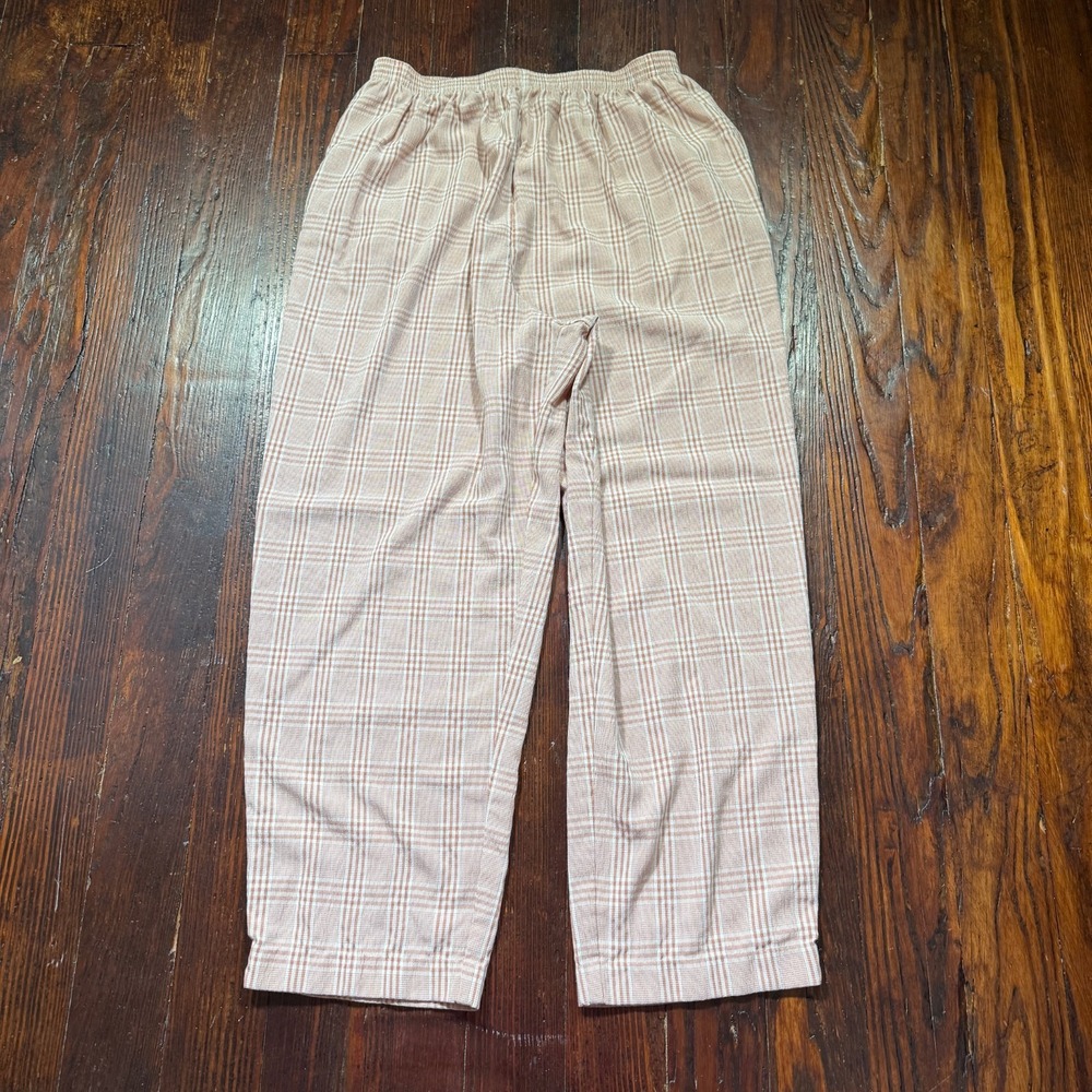 Alfred Dunner Pants Womens 16 Beige Plaid Baggy Wide Leg Elastic‎ Waist MADE USA